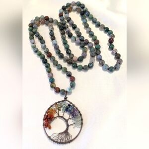 Natural Gemstone Wire Wrapped Tree of Life Long Pendant Necklace Agate Beads 48"